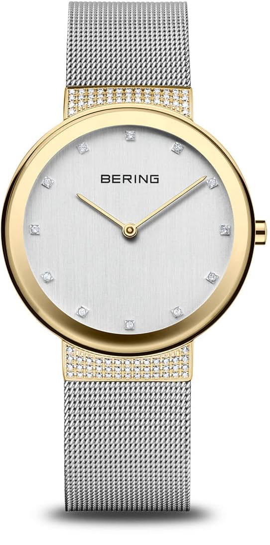 Montre pour femme avec cadran argenté, lunette dorée et bracelet milanais avec logo BERING