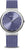 Montre pour femme avec bracelet milanais violet, boîtier rond argenté et cadran bleu.