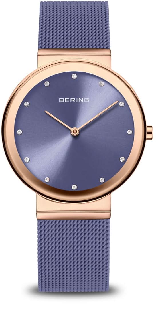 Montre pour femme avec cadran bleu, boîtier couleur or rose et bracelet milanais bleu