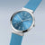 Bering Damenuhr, blaues Zifferblatt mit Indexen, blaues Silikonarmband, seitliche Krone
