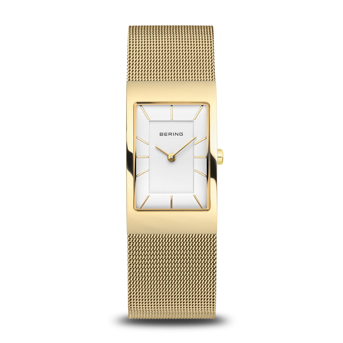 BERING Damenuhr mit goldfarbenem Rechteckgehäuse und Milanaise-Armband, weißes Zifferblatt