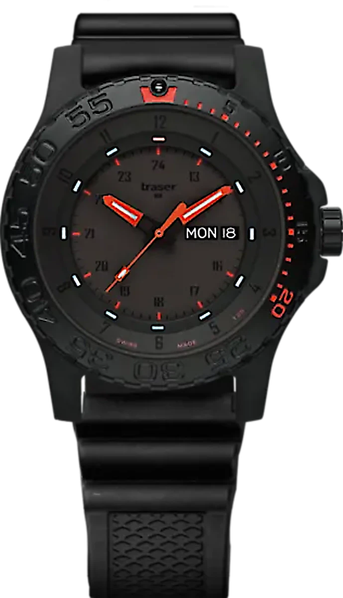 Montre Traser P66 pour homme avec boîtier noir, index rouges et bracelet en caoutchouc