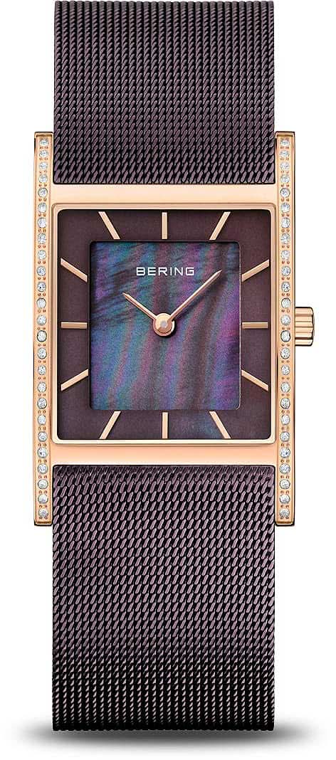 Bering Damenuhr: dunkles Mesharmband, violettes Zifferblatt, goldfarbener Rahmen