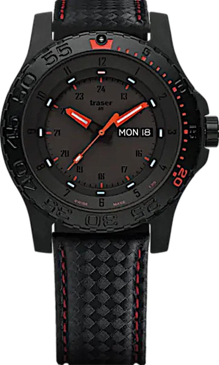 Montre noire pour homme avec bracelet en caoutchouc noir, accents rouges et index lumineux
