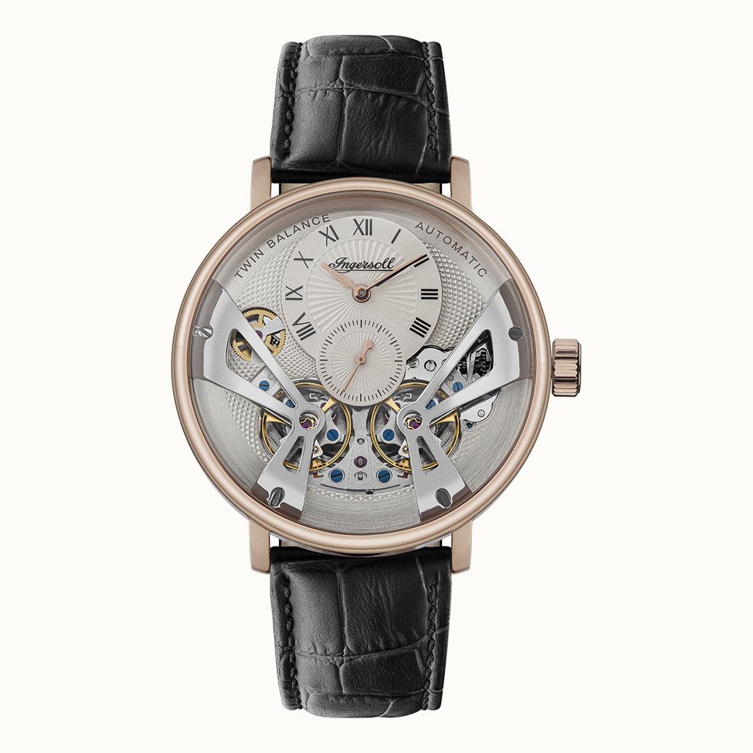 Herrenuhr mit schwarzem Lederband, silbernem Skelett-Display und Mineralglas