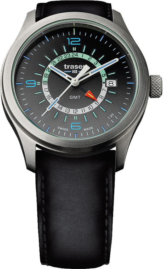 Herrenarmbanduhr mit anthrazitfarbenem Zifferblatt, Lederarmband und GMT-Anzeige