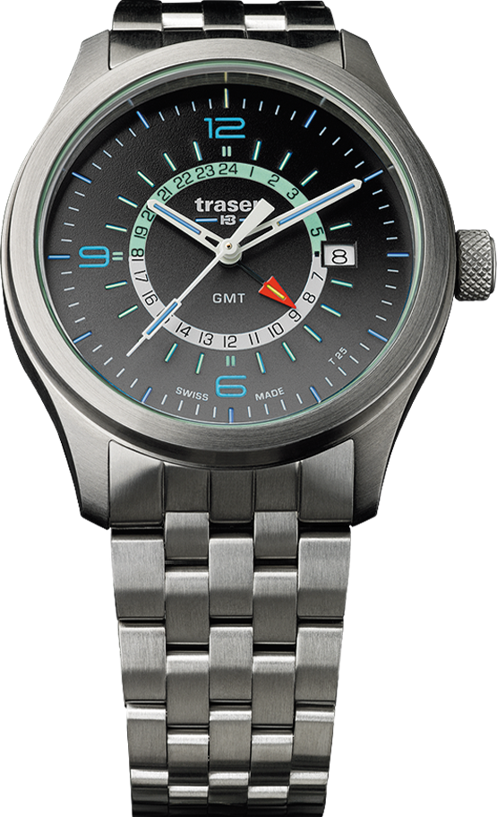 Traser Herrenuhr mit anthrazitfarbenem Zifferblatt, GMT-Anzeige und Edelstahlarmband
