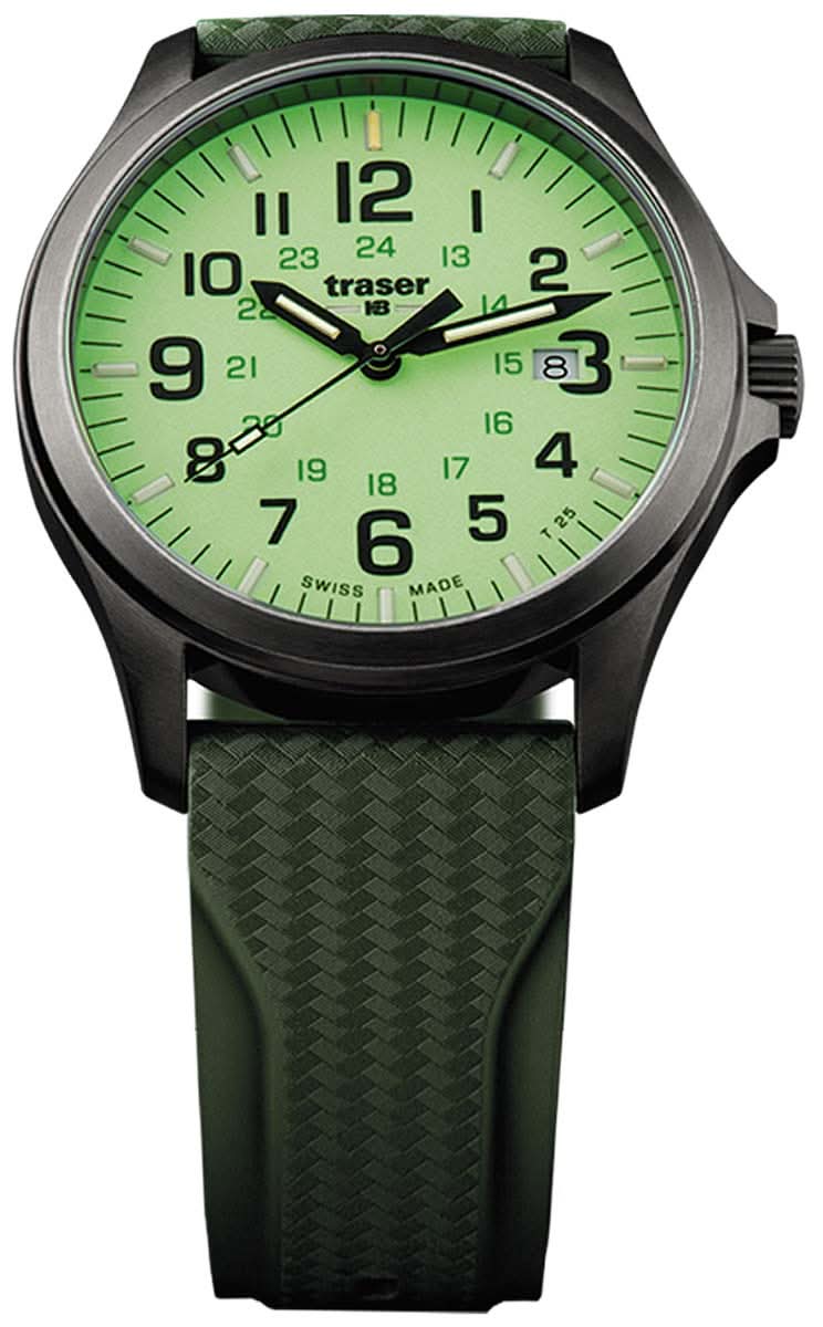 Montre pour homme avec cadran vert, boîtier noir et bracelet en tissu.