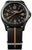 Montre homme : cadran noir, aiguilles orange, bracelet textile noir avec surpiqûre centrale orange