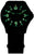 Montre homme de face : cadran noir avec chiffres verts, bracelet noir
