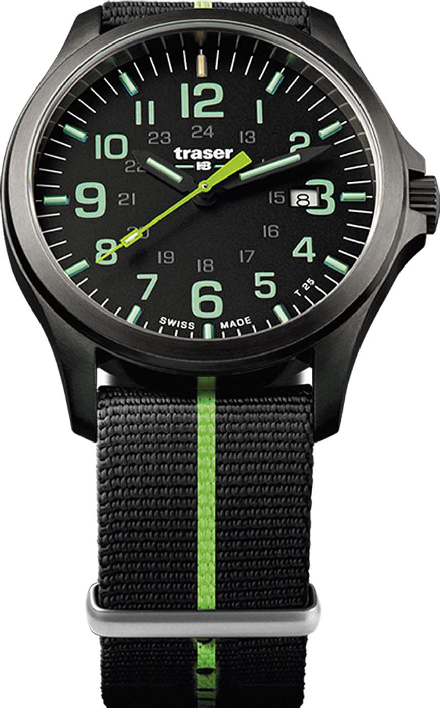 Montre homme avec cadran noir et bracelet textile noir, index lumineux verts