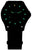 Montre homme cadran gros plan : affichage lumineux noir avec marqueurs verts, bracelet noir