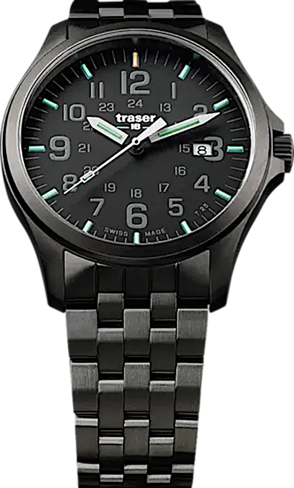 Bracelet de montre pour homme avec cadran noir, index lumineux verts et bracelet en métal.
