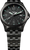 Bracelet de montre pour homme avec cadran noir, index lumineux verts et bracelet en métal.