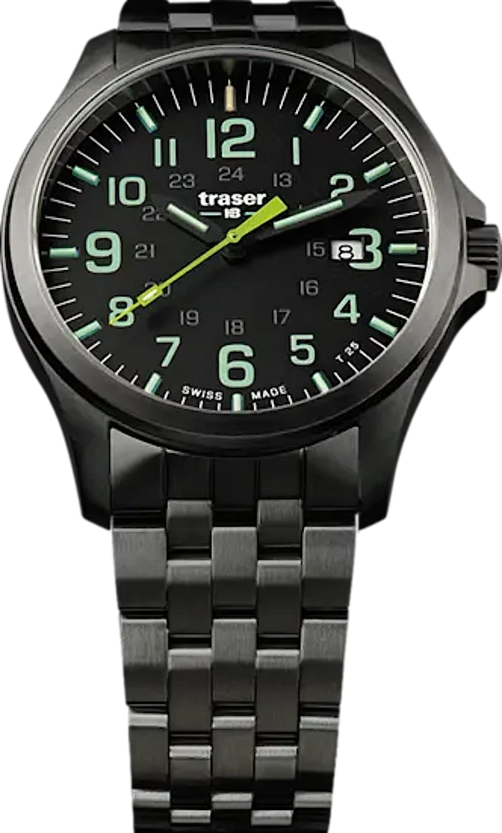 Bracelet de montre pour homme avec cadran noir et index lumineux verts, bracelet en acier inoxydable