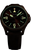 Montre pour homme avec cadran noir et index lumineux verts, bracelet en cuir