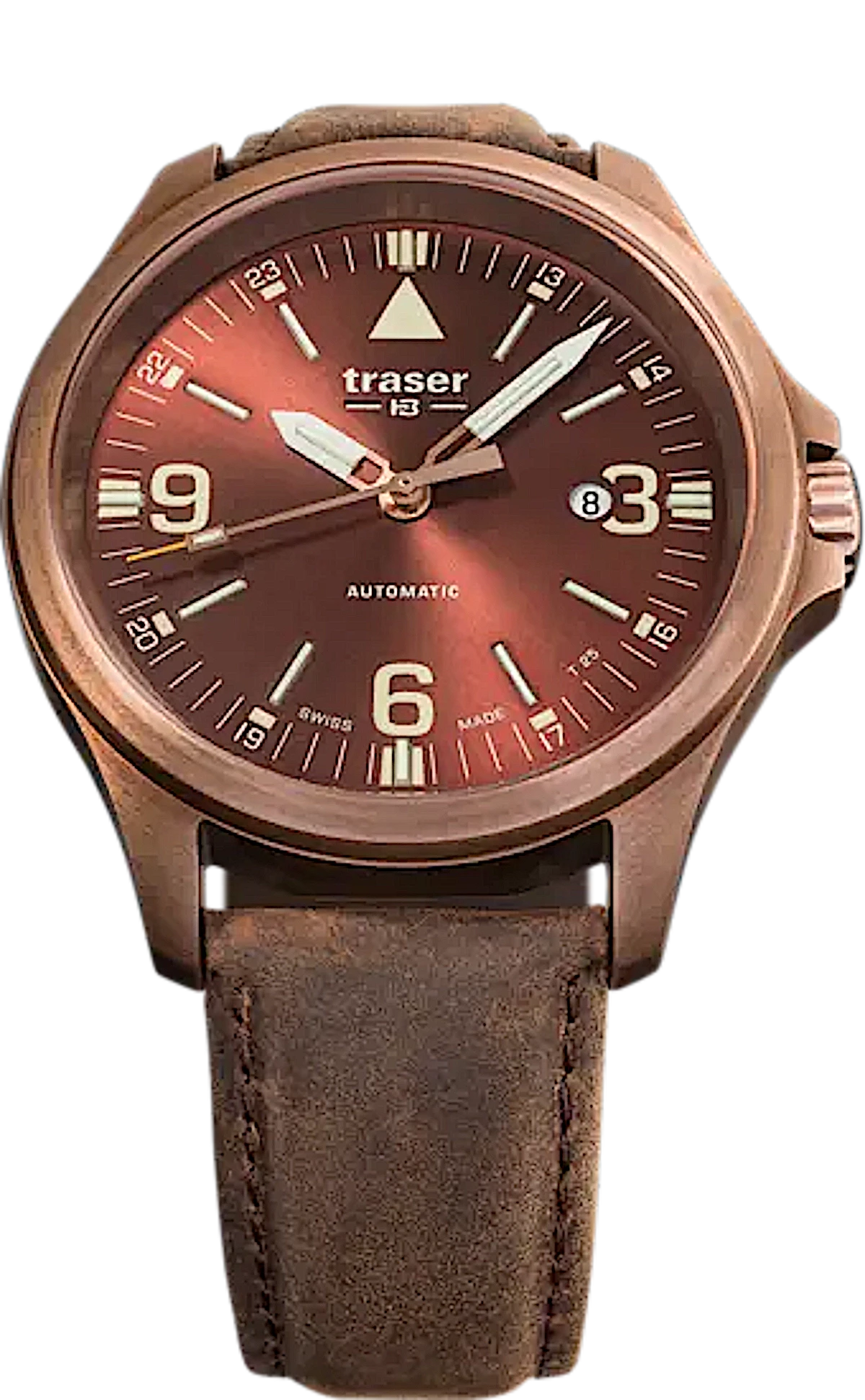 Montre bracelet pour homme avec cadran marron et bracelet en cuir, secondes automatiques