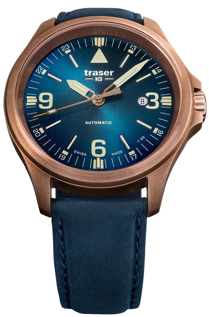 Bronzefarbene Herrenuhr mit blauem Zifferblatt, Lederarmband und Automatik-Anzeige