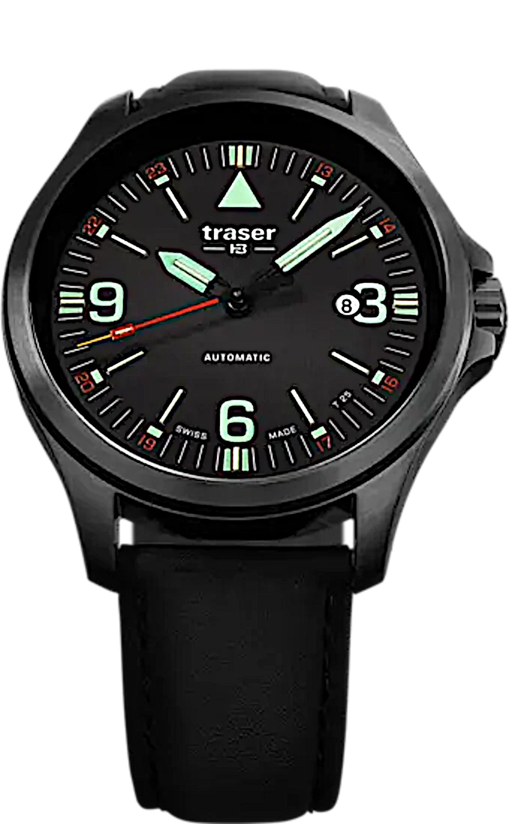 Montre homme avec cadran noir, index luminescents et affichage de la date « 83 »