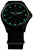 Armbanduhr mit schwarzem Zifferblatt und schwarzem Stoffband, grün leuchtende Stundenmarken