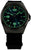 Montre homme avec cadran noir et index lumineux verts, boîtier argenté, bracelet textile.