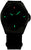 Montre homme tout noir, index lumineux verts et accents orange.