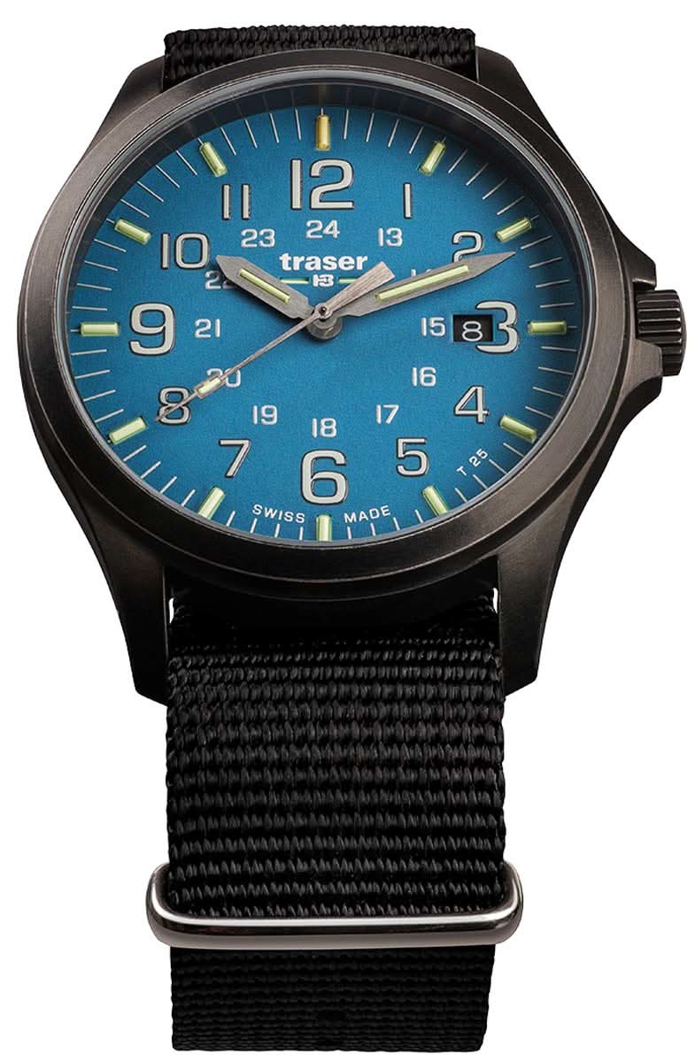Montre homme avec boîtier noir, cadran bleu et bracelet textile noir