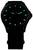 Montre homme avec cadran noir, index luminescents verts et rouges, bracelet noir