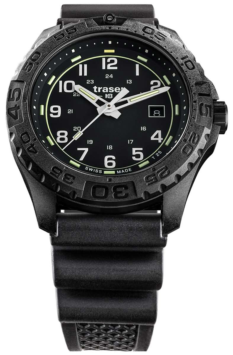 Montre homme avec boîtier noir, chiffres Trigalight et bracelet en caoutchouc