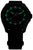 Montre homme avec cadran noir, aiguilles et index luminescents verts, et bracelet en textile