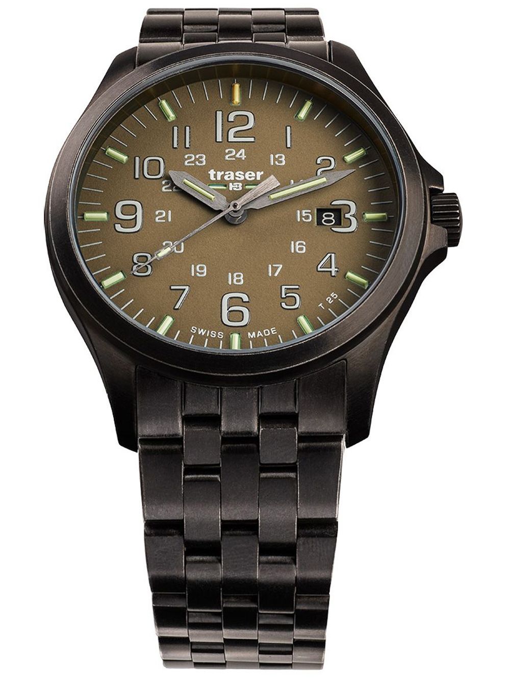Traser Herrenuhr mit dunklem Metallband, beigem Zifferblatt und Leuchtzeigern, rundes Gehäuse