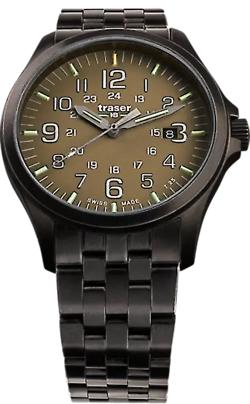 Bracelet de montre pour homme avec cadran vert foncé, marqueurs Trigalight et bracelet en acier