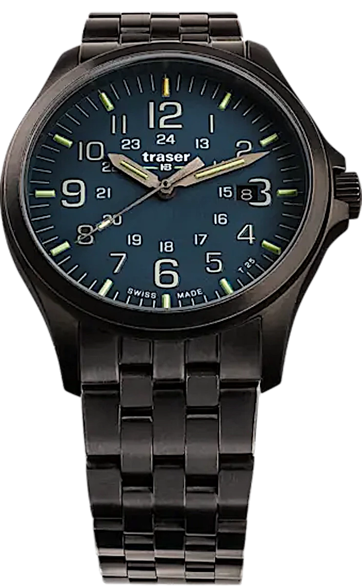 Montre-bracelet Traser pour homme : cadran foncé, chiffres luminescents, bracelet en métal, lunette ronde