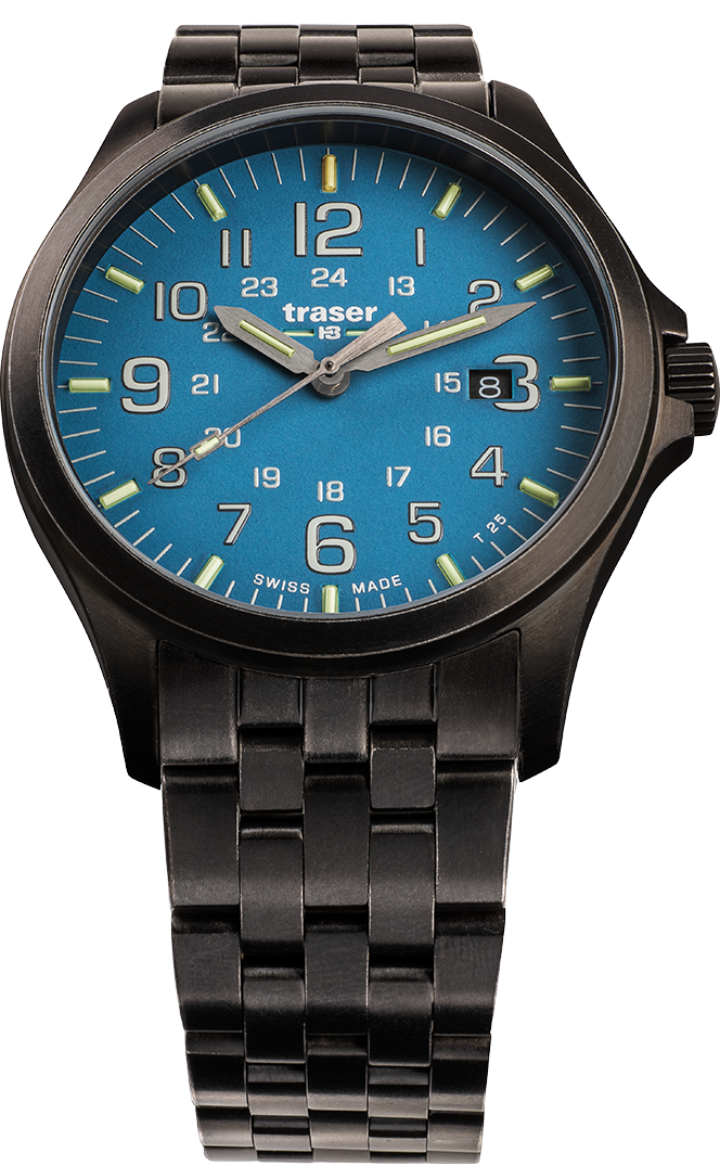 Herrenarmbanduhr mit blauem Zifferblatt, schwarzem Metallarmband und schwarzer Lünette