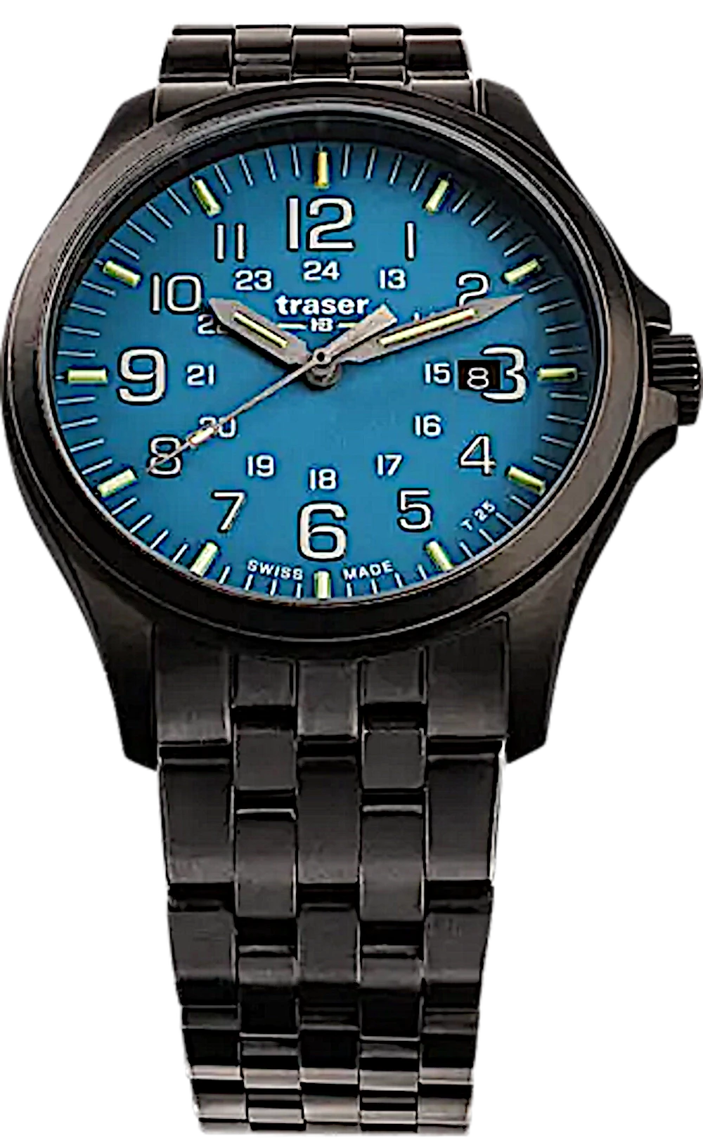 Montre homme avec cadran bleu-vert, aiguilles lumineuses et bracelet en métal