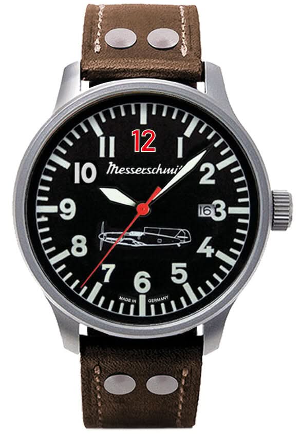 Montre homme avec cadran noir, aiguilles rouges et bracelet en cuir marron