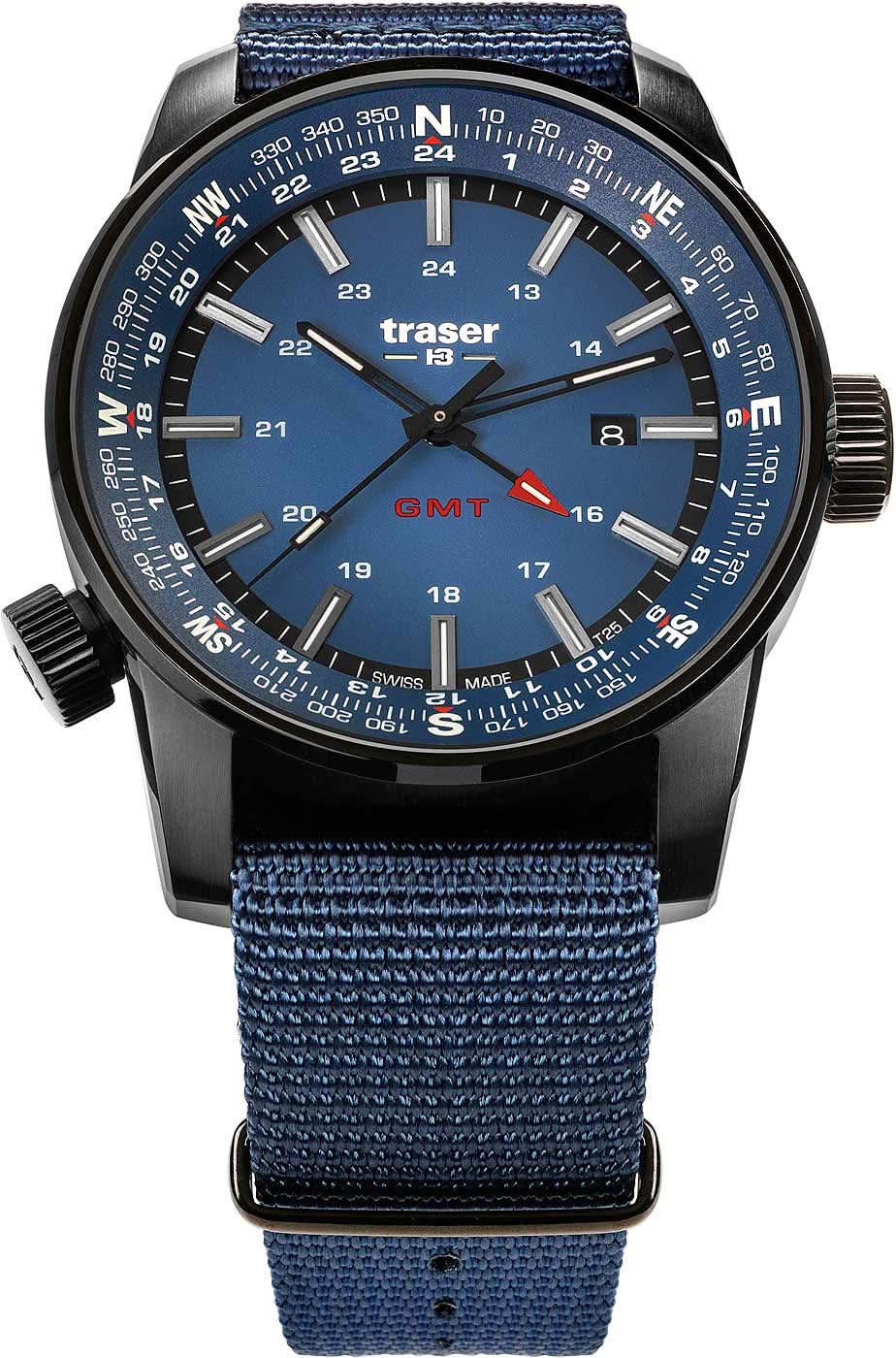 Montre bracelet avec cadran bleu, boîtier foncé et bracelet textile bleu, couronne à droite