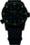 Montre bracelet avec cadran sombre et index luminescents verts, boîtier noir, bracelet textile