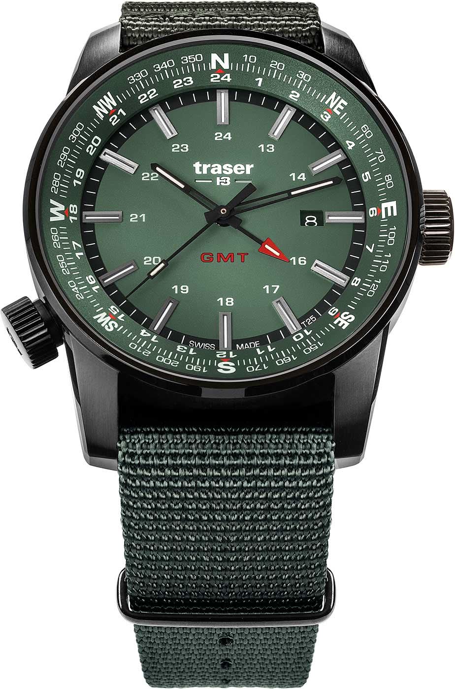 Montre homme avec cadran sombre et index lumineux verts, bracelet textile noir