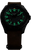 Montre homme avec cadran sombre et bracelet en cuir marron, index lumineux verts