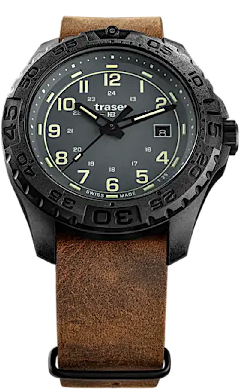 Montre homme avec cadran sombre, lunette noire et bracelet en cuir marron
