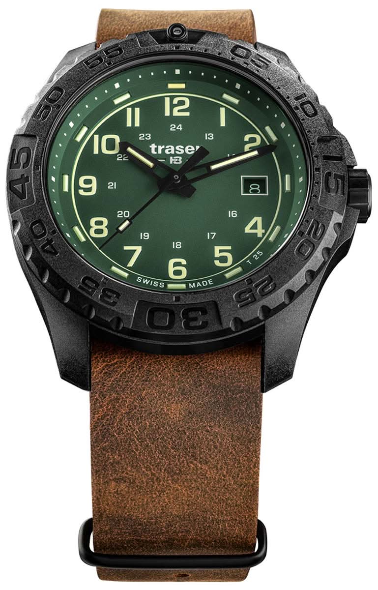 Montre pour homme : cadran lumineux vert, lunette noire, bracelet en cuir marron