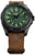 Montre pour homme : cadran lumineux vert, lunette noire, bracelet en cuir marron