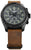 Montre homme avec bracelet en cuir marron, cadran gris, sous-cadrans chronographe et lunette noire