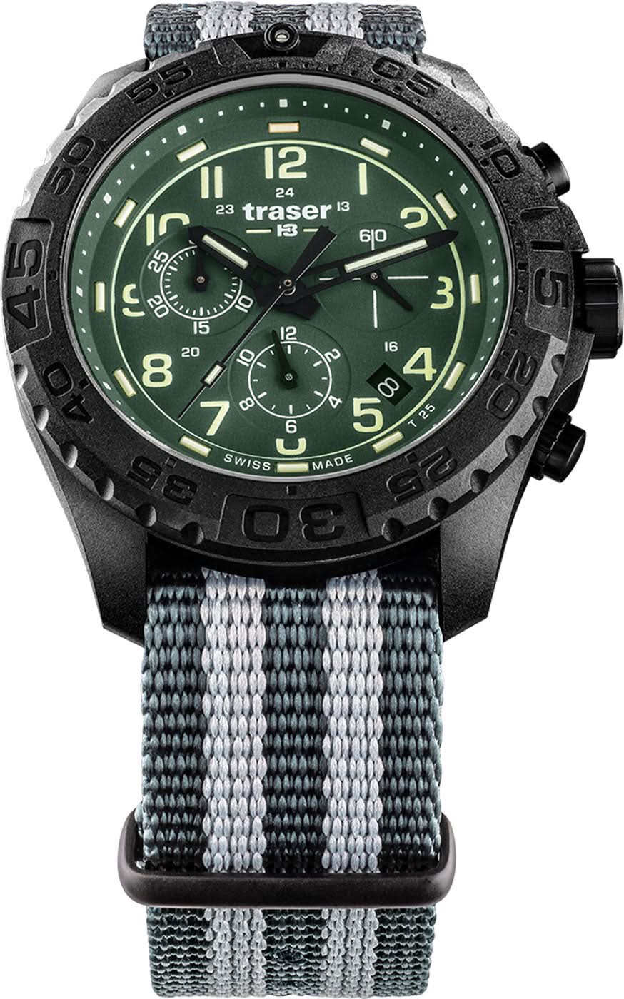 Chronographe pour homme avec cadran vert lumineux, boîtier noir, bracelet textile gris