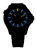 Cadran de la montre en détail : index lumineux bleus, marqueurs et aiguilles jaunes