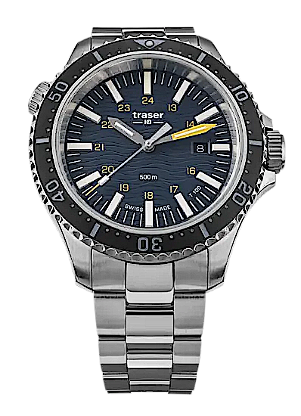 Montre homme avec bracelet en métal, cadran noir et index luminescents, 3 aiguilles