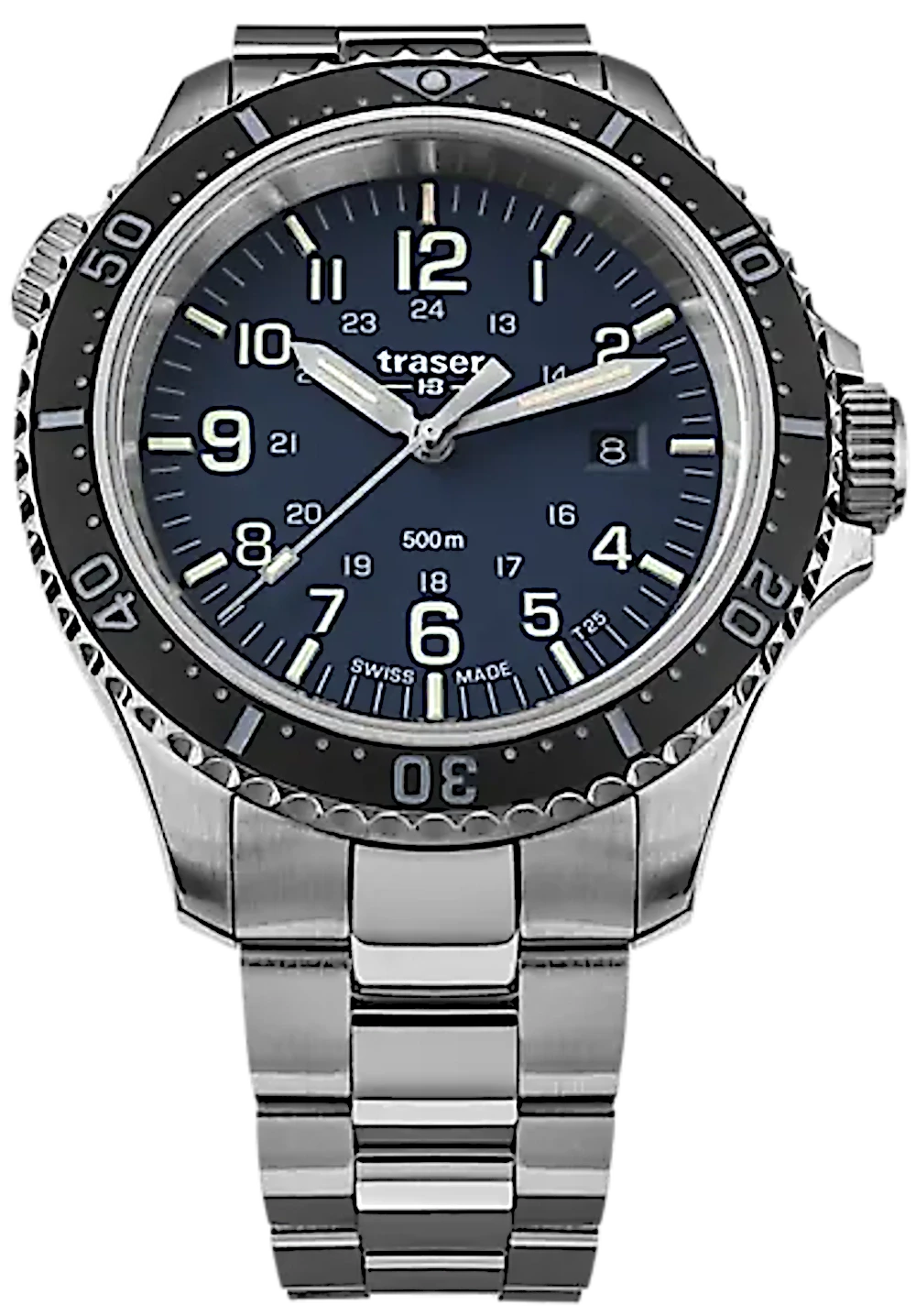 Montre de plongée pour homme avec cadran bleu, index luminescents et bracelet en métal