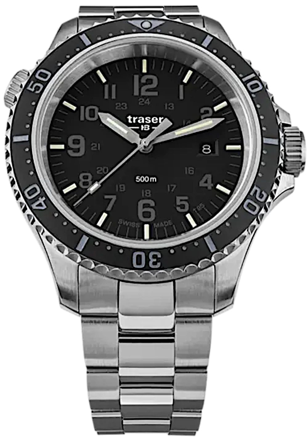 Montre de plongée pour homme avec cadran noir, boîtier en acier et bracelet en métal