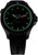 Herrenuhr mit schwarzem Zifferblatt, grünen Leuchtmarkierungen und schwarzem Silikonband
